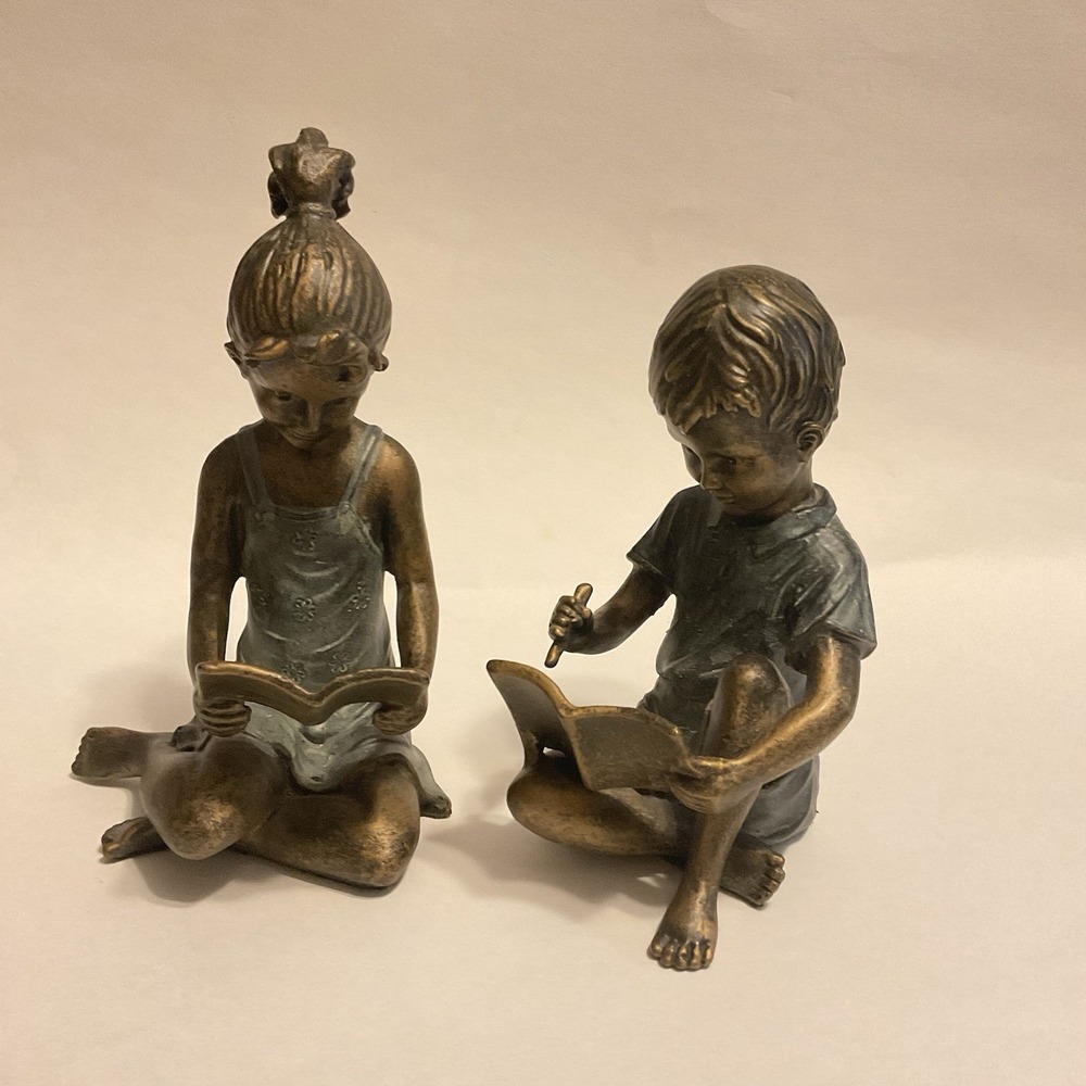 Vintage SPI Home Pair of Cast Brass Hand Painted Boy‎ & Girl Bookends